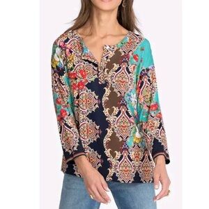 JOHNNY WAS Indi Floral Henley T-Shirt Women’s Multicolor Bamboo Top Size Small
